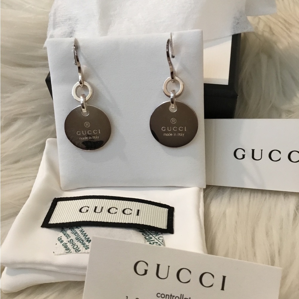 NWT Gucci Sterling Silver Trademark Disc Dangle Earrings
